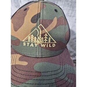 Stay Wild Camo Trucker Baseball Hat Mountain Trees Green Snapback  Mesh Back EUC